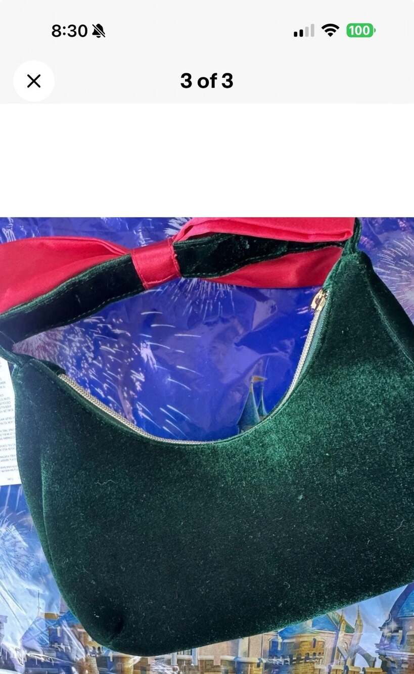 Disney Parks Gingerbread Minnie Mouse Holiday Velvet Bow Green Shoulder Bag - Picture 3 of 6